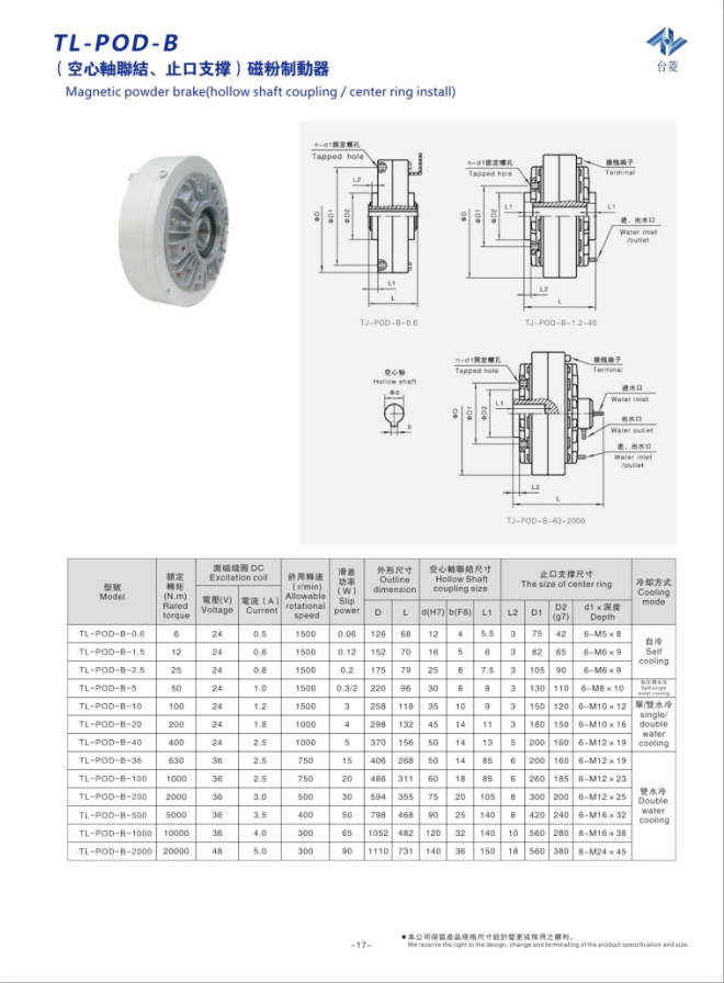 水冷磁粉制動(dòng)器TL-POD-B規格型號尺寸參數表