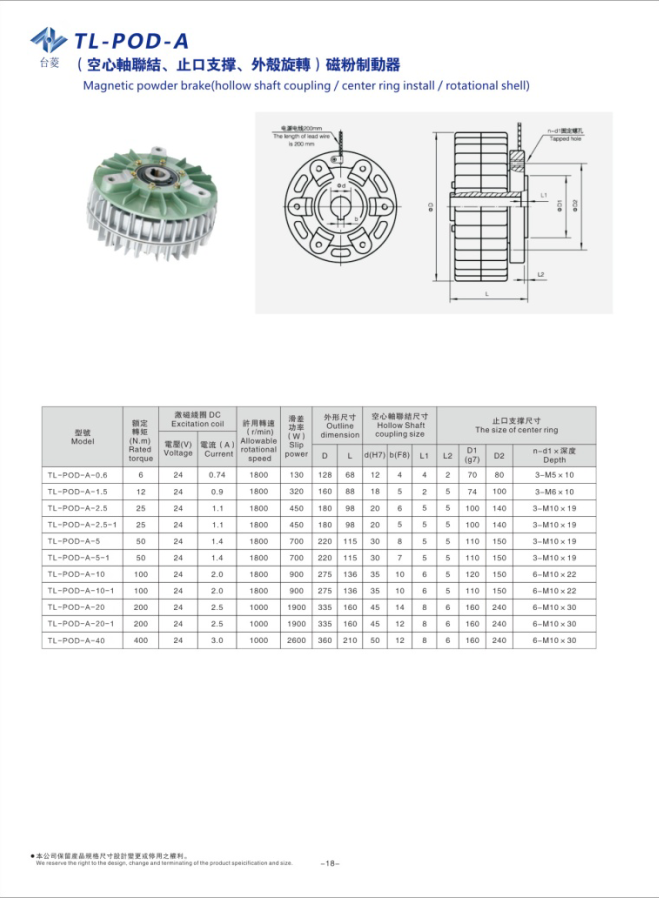 外殼旋轉磁粉制動(dòng)器規格型號尺寸參數表