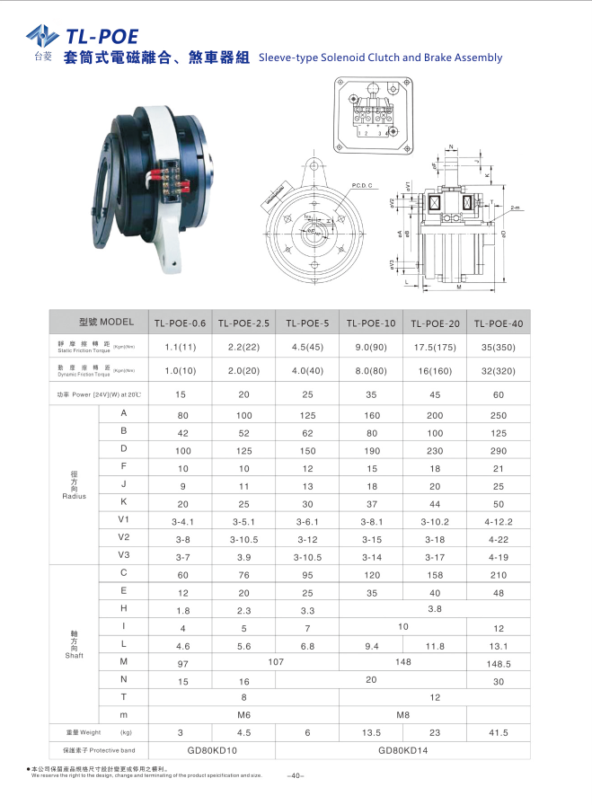 套筒式電磁離合剎車(chē)器組TL-POE型規格型號參數表