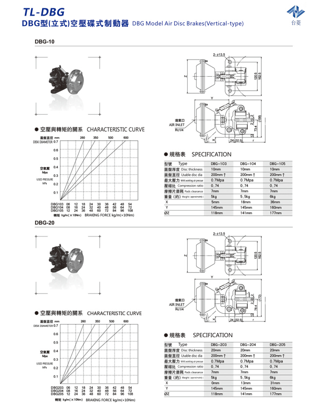 立式空壓碟式制動(dòng)器DBG型規格型號尺寸參數表